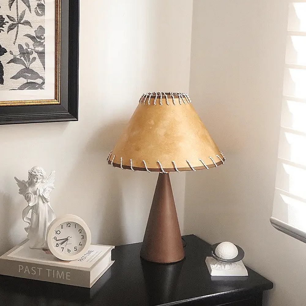 Mid-Century Vintage Dark Solid Wood Parchment Table Lamp