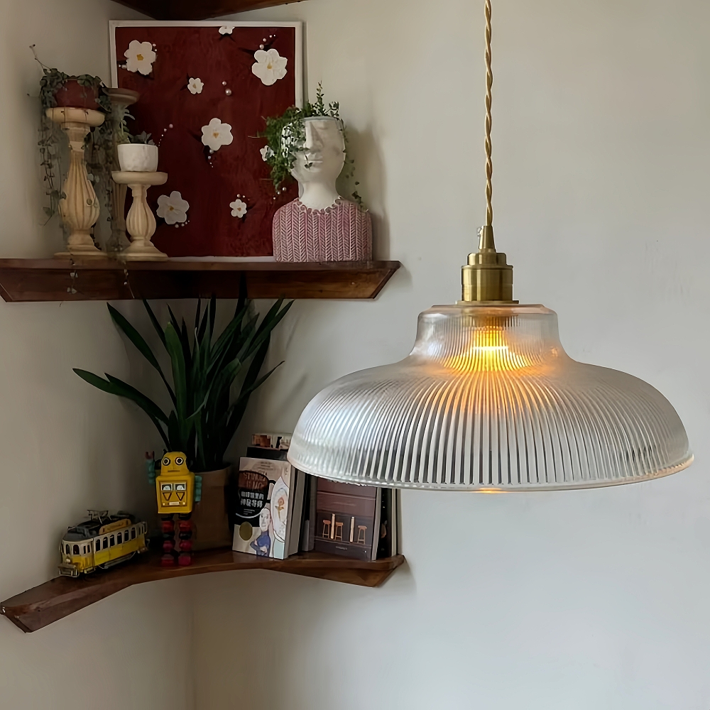 Japanese Retro Brass Glass Green Transparent Pendant Light