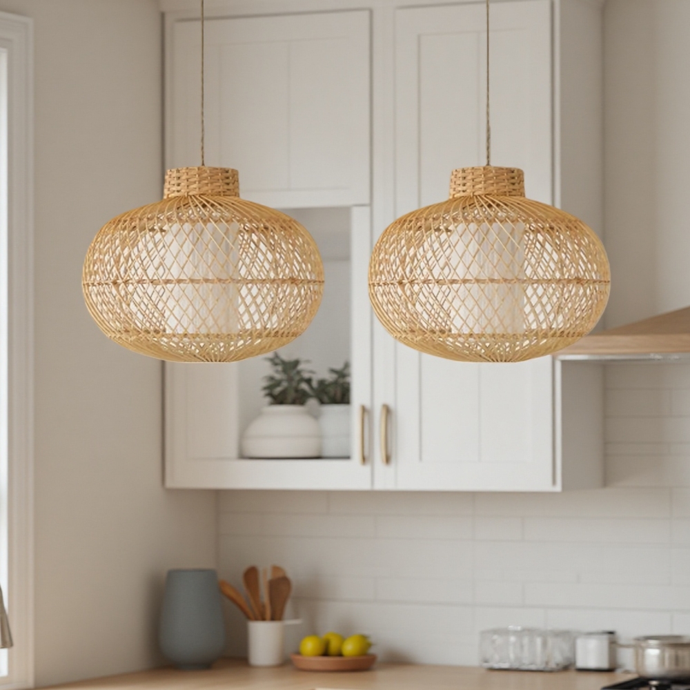 Boho Living Room Rattan Hanging Lighting Fixture Handmade Natural Pendant