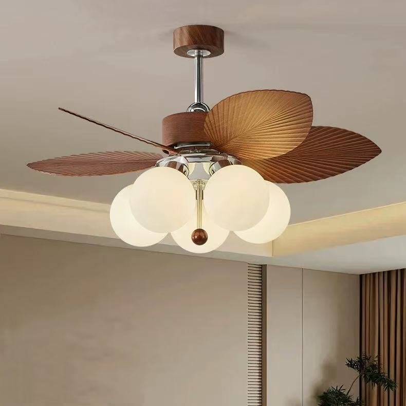 Midcentury Retro Palm Leaf Chandelier Fan Light with Wood Blades