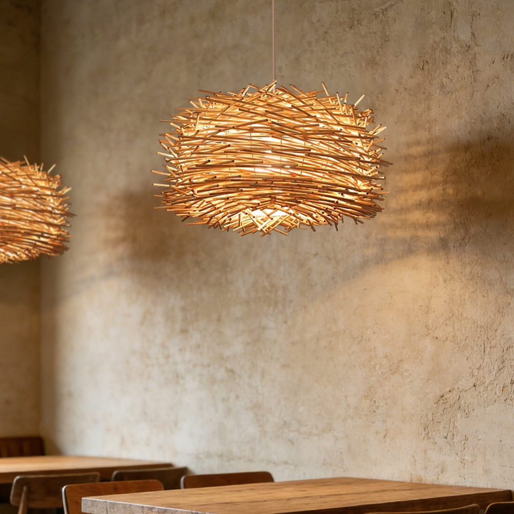 Artisanal Twig Weave Sphere Pendant Rustic Natural Glow