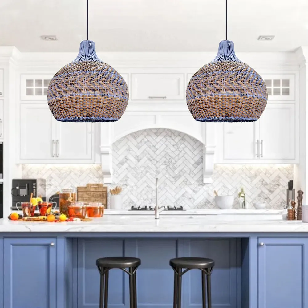 Blue Rattan Dome Pendant Lights For Kitchen Island
