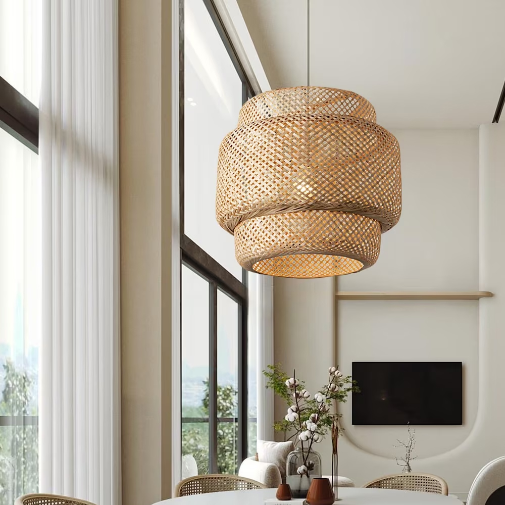 Natural wicker bamboo pendant light fixture restaurant dining room decor lamp shade