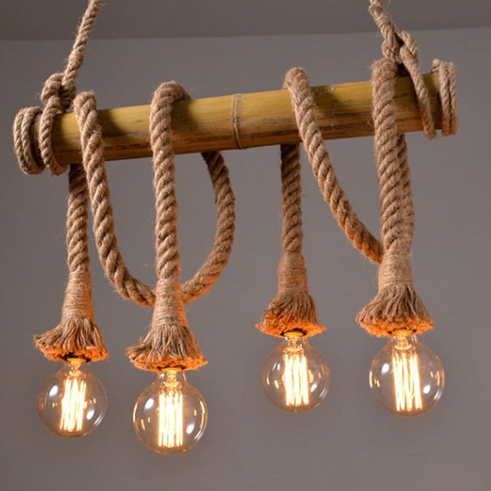 American Retro Bamboo Tube Hemp Rope Chandelier Creative Pendant Light