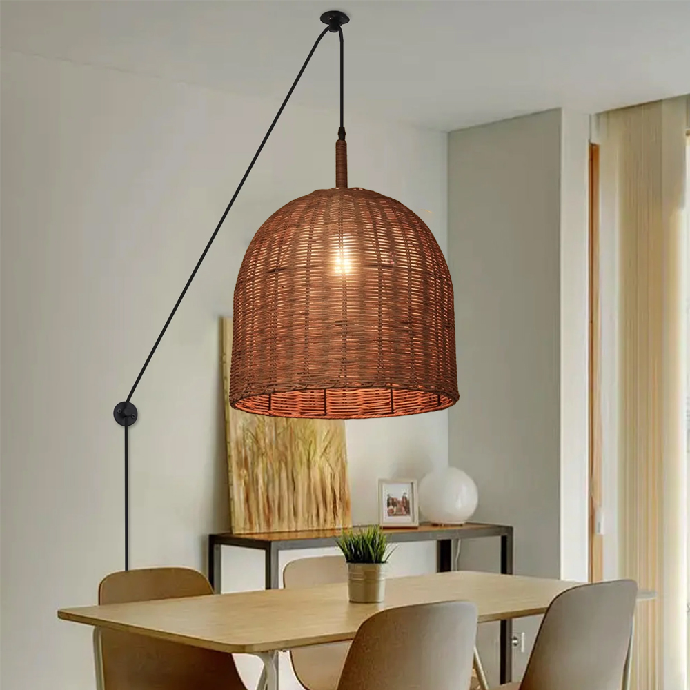 Wabi Sabi Style Dark Rattan Lampshade Retro Pastoral Restaurant Hand-woven Pendant Light