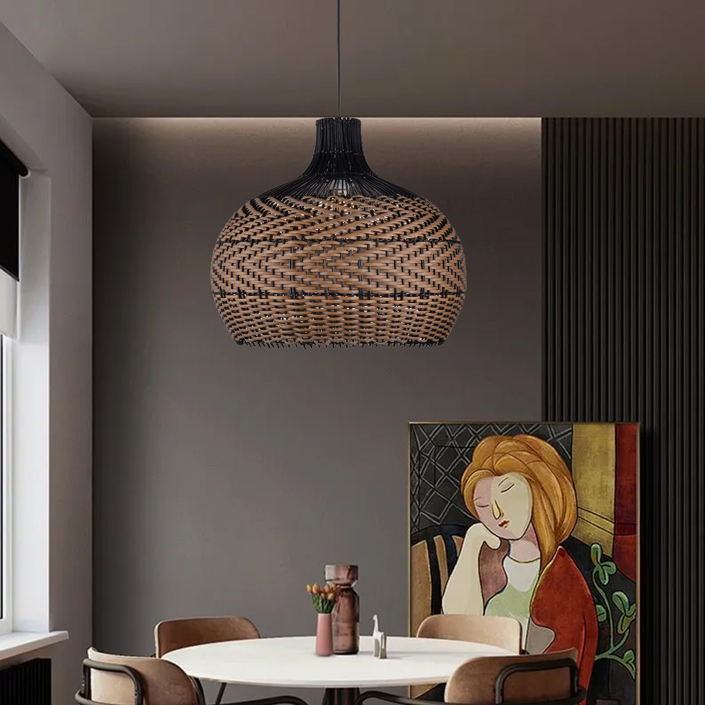 Wabi-sabi Black Rattan Ceiling Light Beautiful Herringbone Weave Pattern Pendants