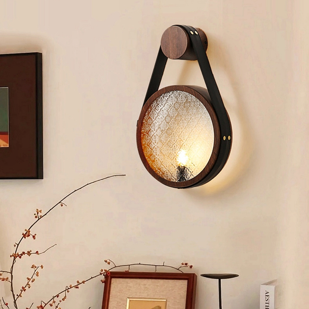 Wabi Sabi Style Retro Walnut Wood Grain Glass Hanging With Wall Lamp