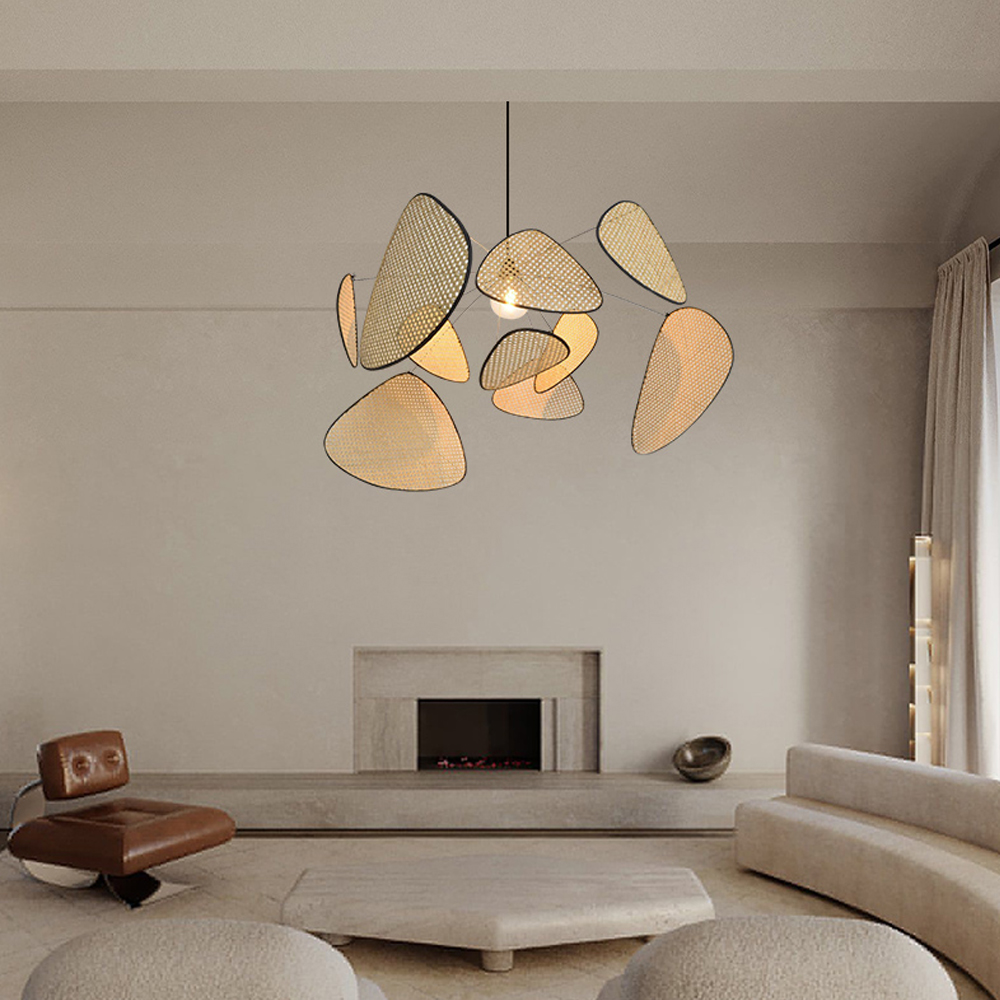 Hollow Fan Blades Combination Rattan Pendant Light Shade For Bedroom Kitchen Island