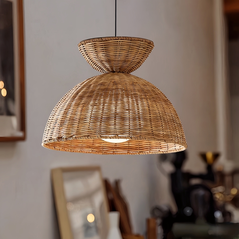 Wabi Sabi Style Dark Handmade Rattan Bird's Nest Shaped Pendant Light