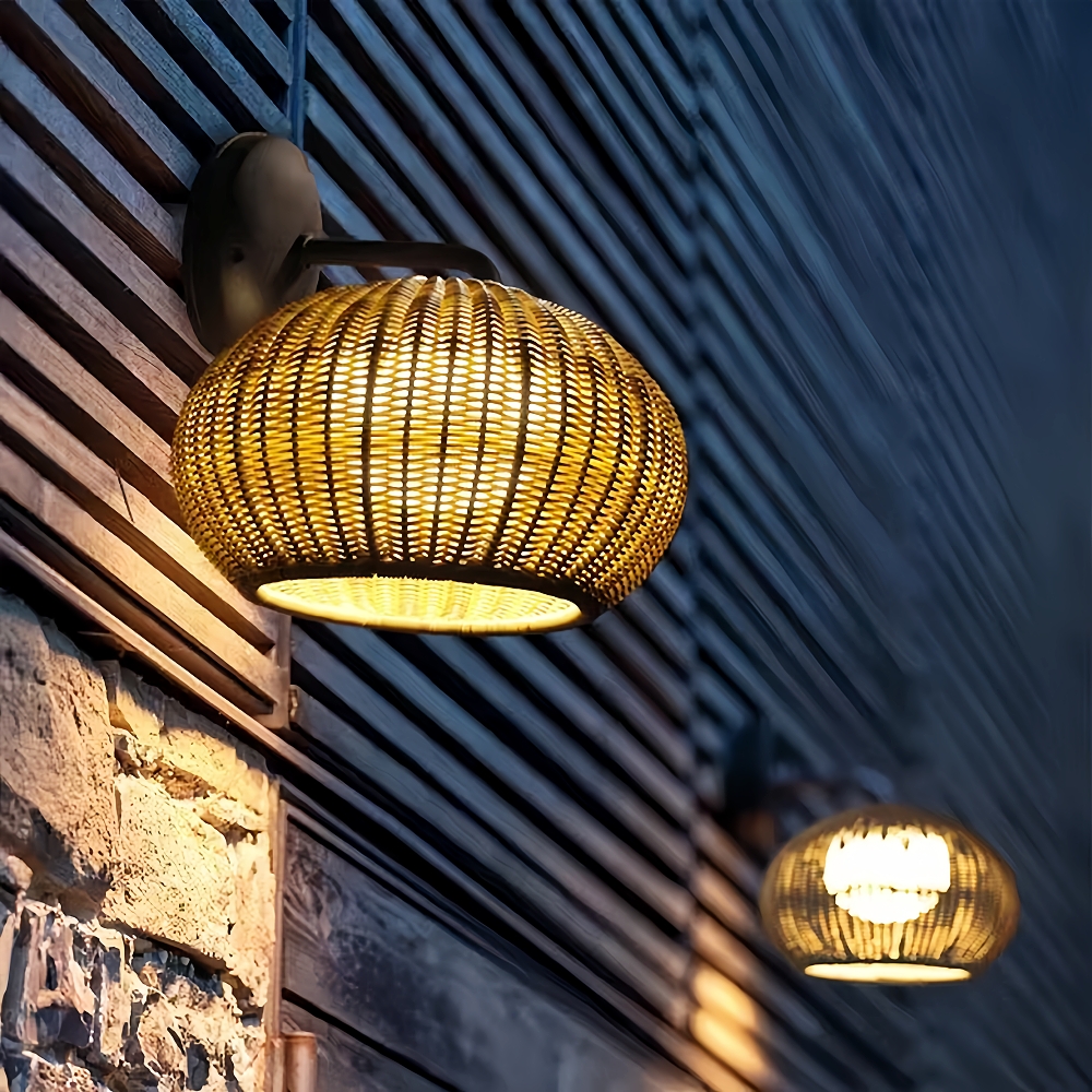 Woven Rattan Waterproof Outdoor Wall Lamp For Courtyard