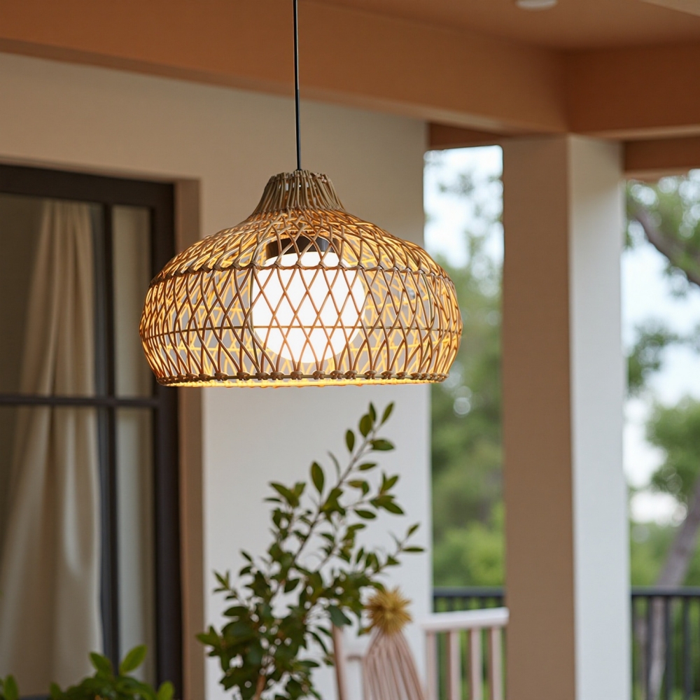 Outdoor courtyard waterproof rattan woven pendant light 16 inch decorative pendant light
