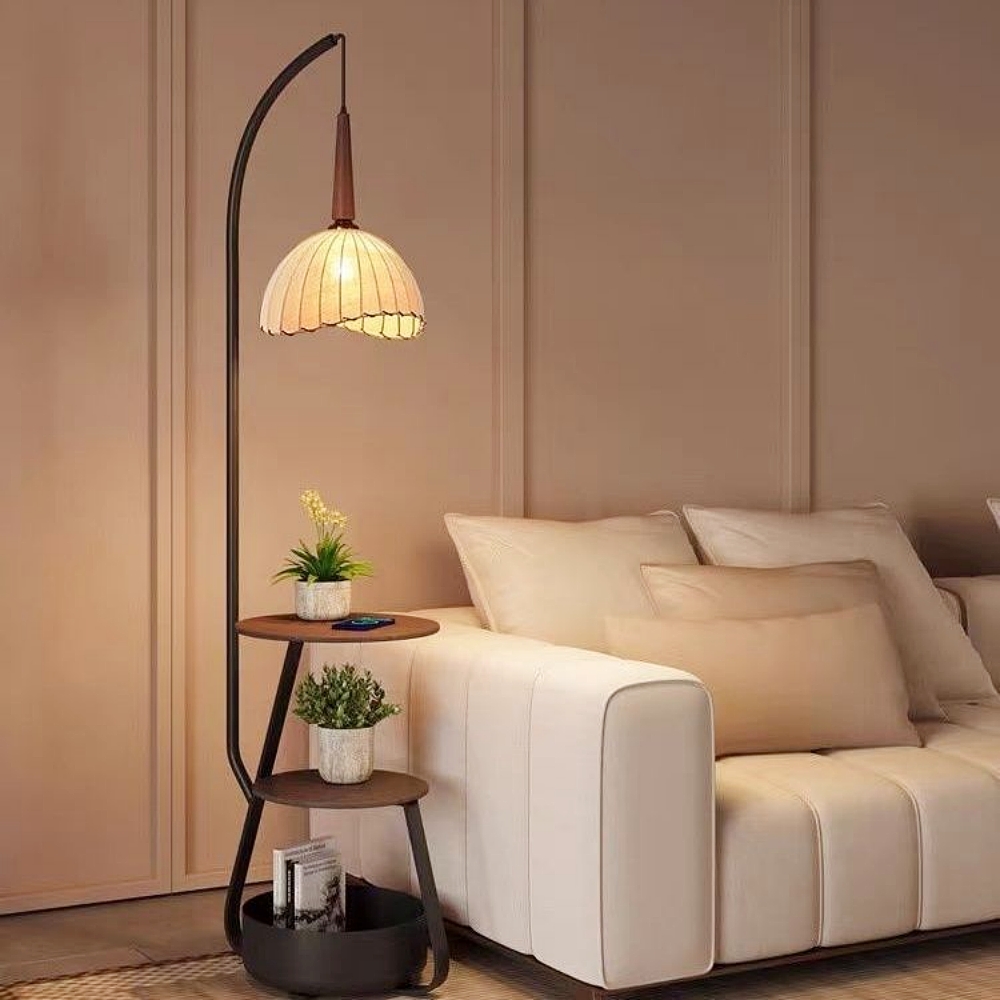 Medieval-Style Living Room Storage Shelf Integrated Floor Lamp