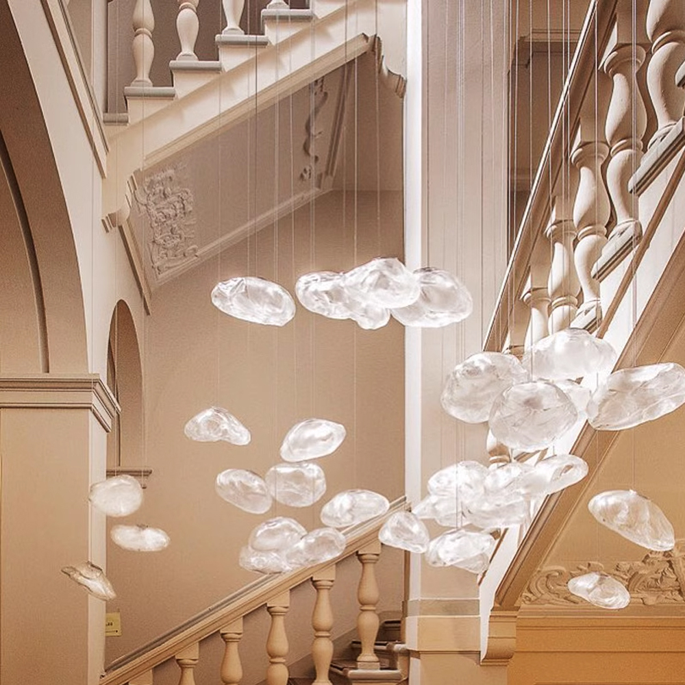 Large space loft staircase chandelier hotel lobby cloud glass long hanging chandelier duplex apartment pendant light