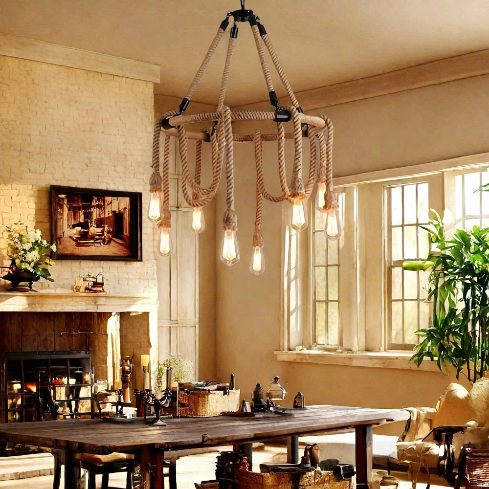 Vintage Industrial Hemp Rope Chandelier Restaurant & Coffee Shop Decor
