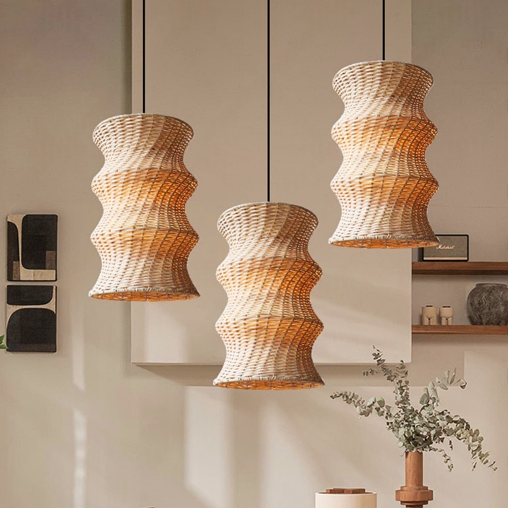 Artisanal Wabi-Sabi Rattan Wavy Column Pendant Light
