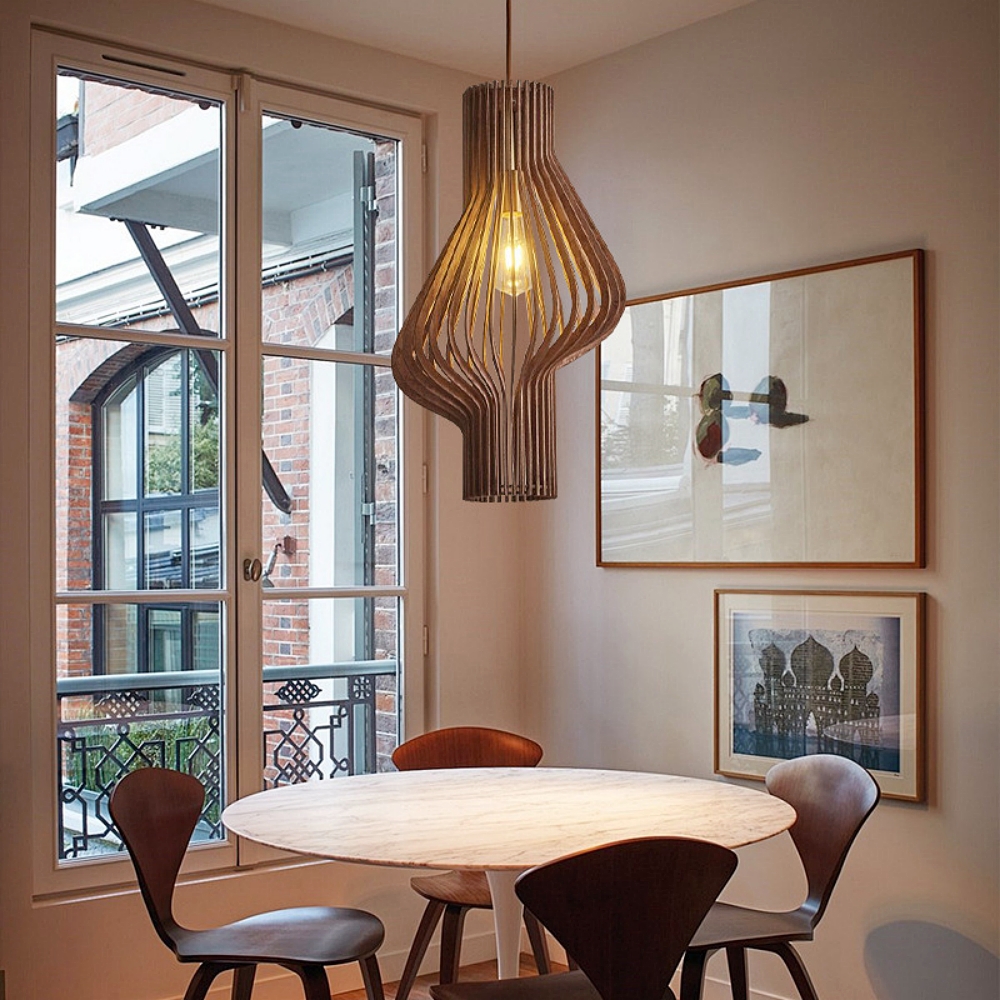 Mid-Century Curved Wood Slat Pendant Lamp