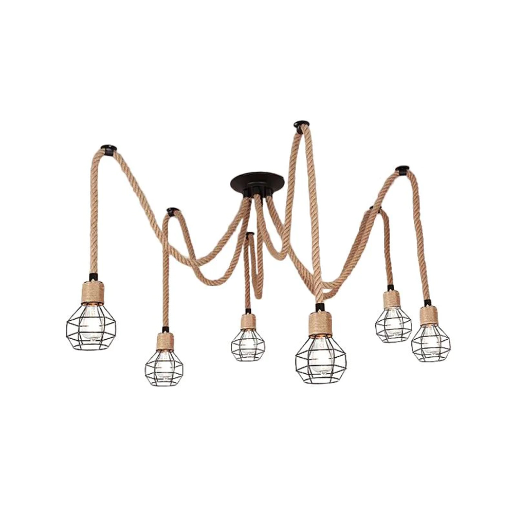Spherical Cage Rope 6-Lights Brown Pendant Lighting Fixture