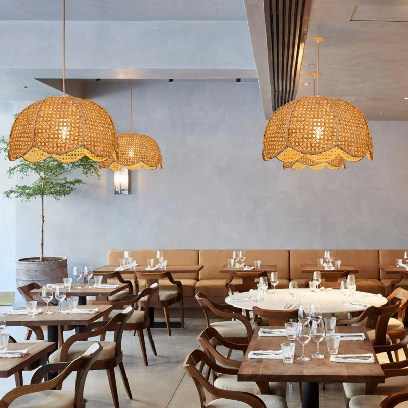 Rattan Scalloped Dome Pendant Lampshade Simplicity Rattan Hanging Chandelier