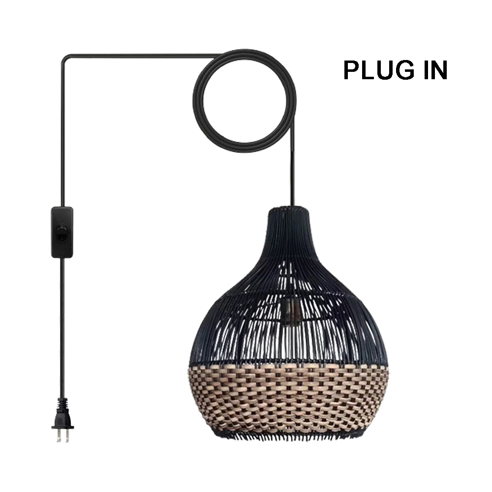 Black Rattan Wicker Chandelier For Kitchen Island Dining Room Living Room Woven Pendant Light Fixture