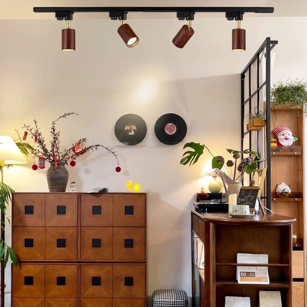 Modern Style Open-Mounted Adjustable Angle Wood Grain Track Spotlight