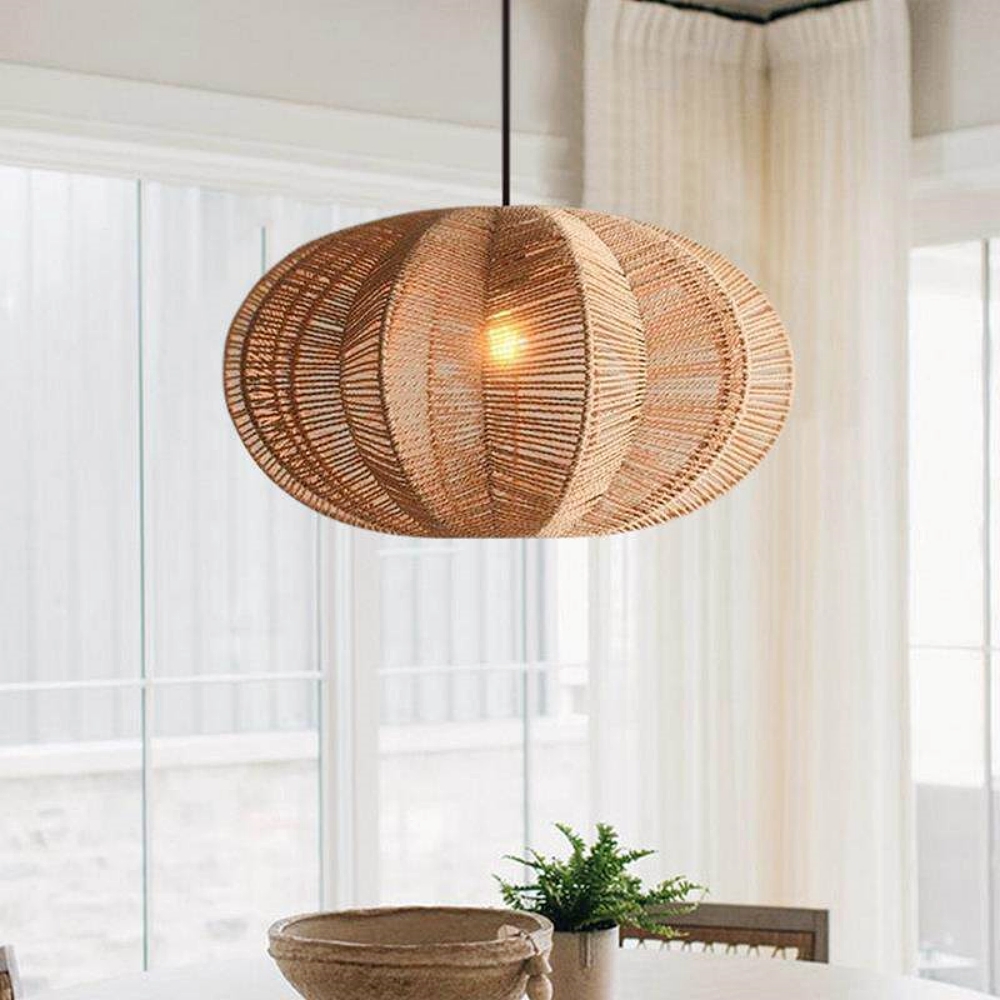 Bohemian Woven Rattan Oval Pendant Lamp Natural Textured Lighting