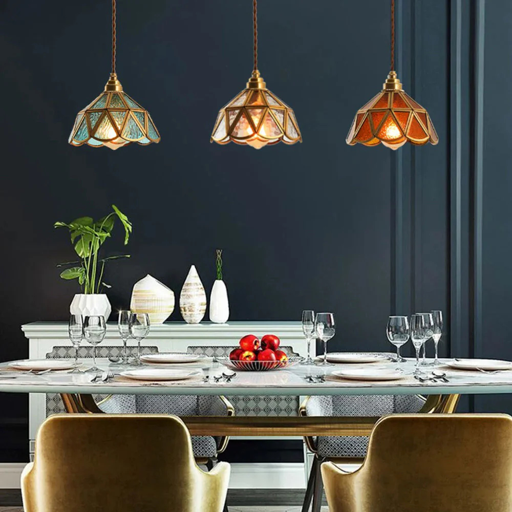 American Retro Artistic Brass Colored Glass Pendant Light Bedside Glass Lamp