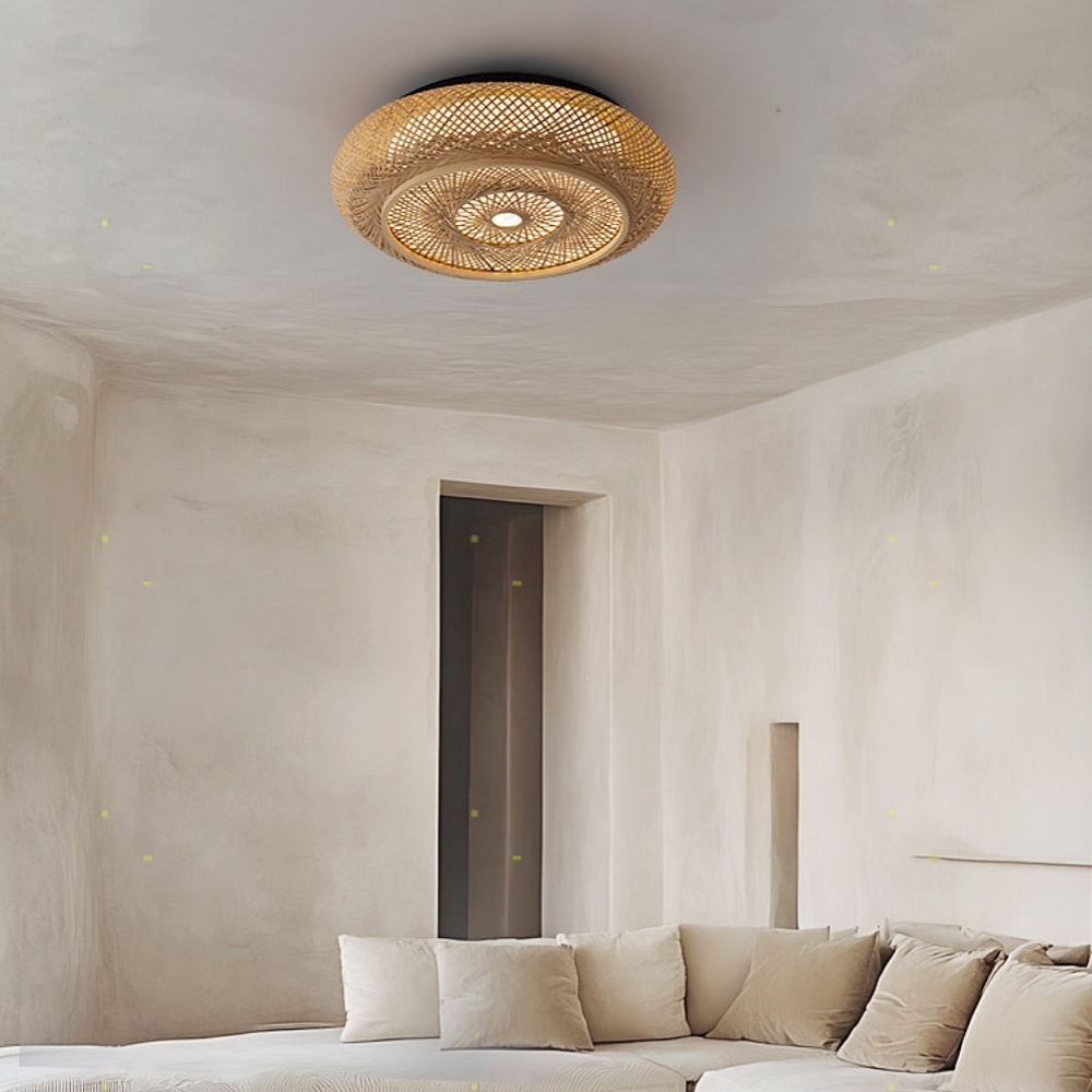 Mid-Century Woven Bamboo Flush Mount Natural Textured Ceiling Lighting