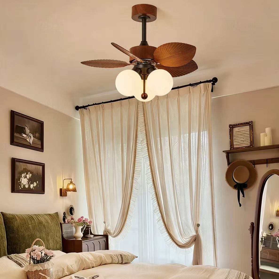 Midcentury Retro Palm Leaf Chandelier Fan Light with Wood Blades