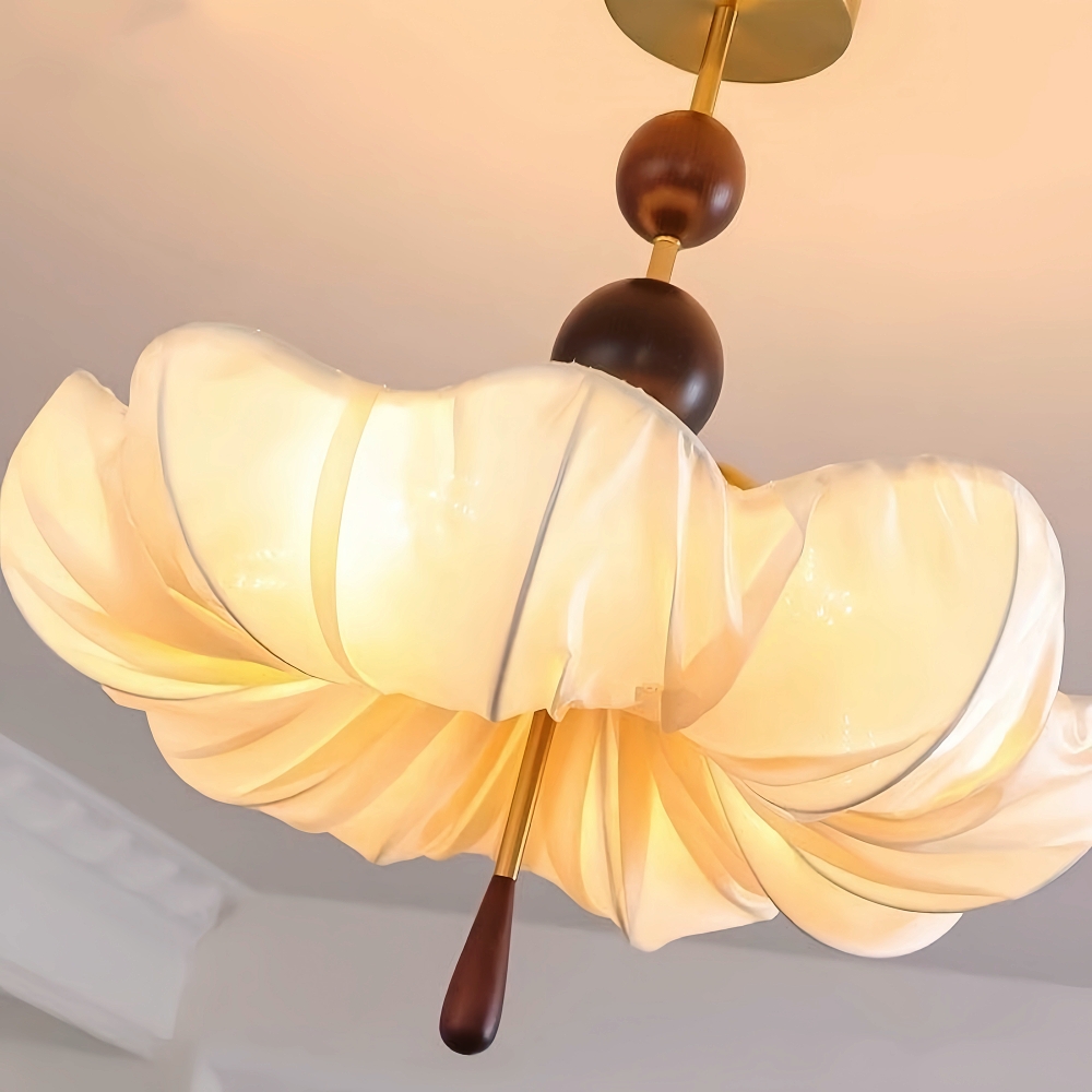 Retro Cream Aesthetic Restaurant Semi-Flush Mount Fabric Flower Ceiling Light