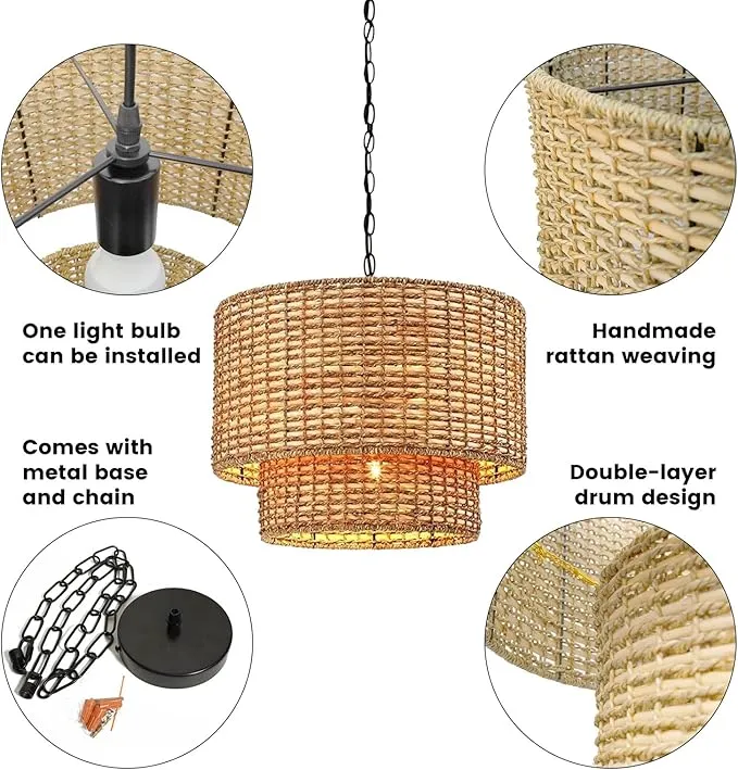 Harland Beachy Natural Rattan Double Drum Pendant Light