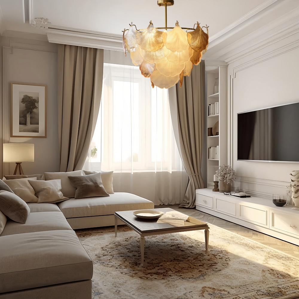 French Ginkgo Leaf Creative Ceiling Lamp Shell Glass Living Room Chandelier