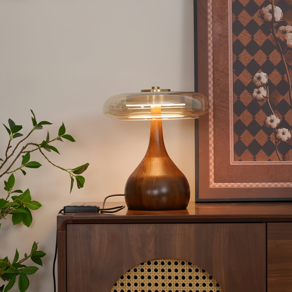 Japanese Retro Solid Wood With Brass Accessories Glass Desk Lamp