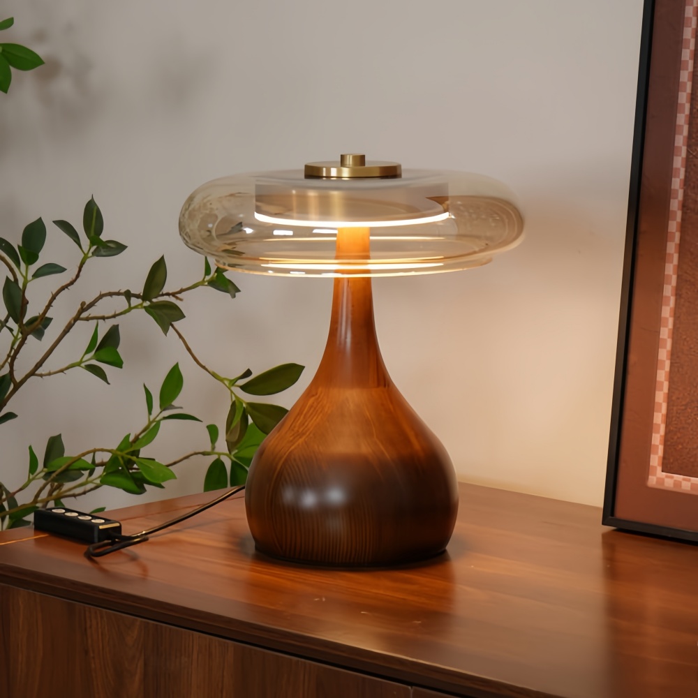 Japanese Retro Solid Wood With Brass Accessories Glass Desk Lamp