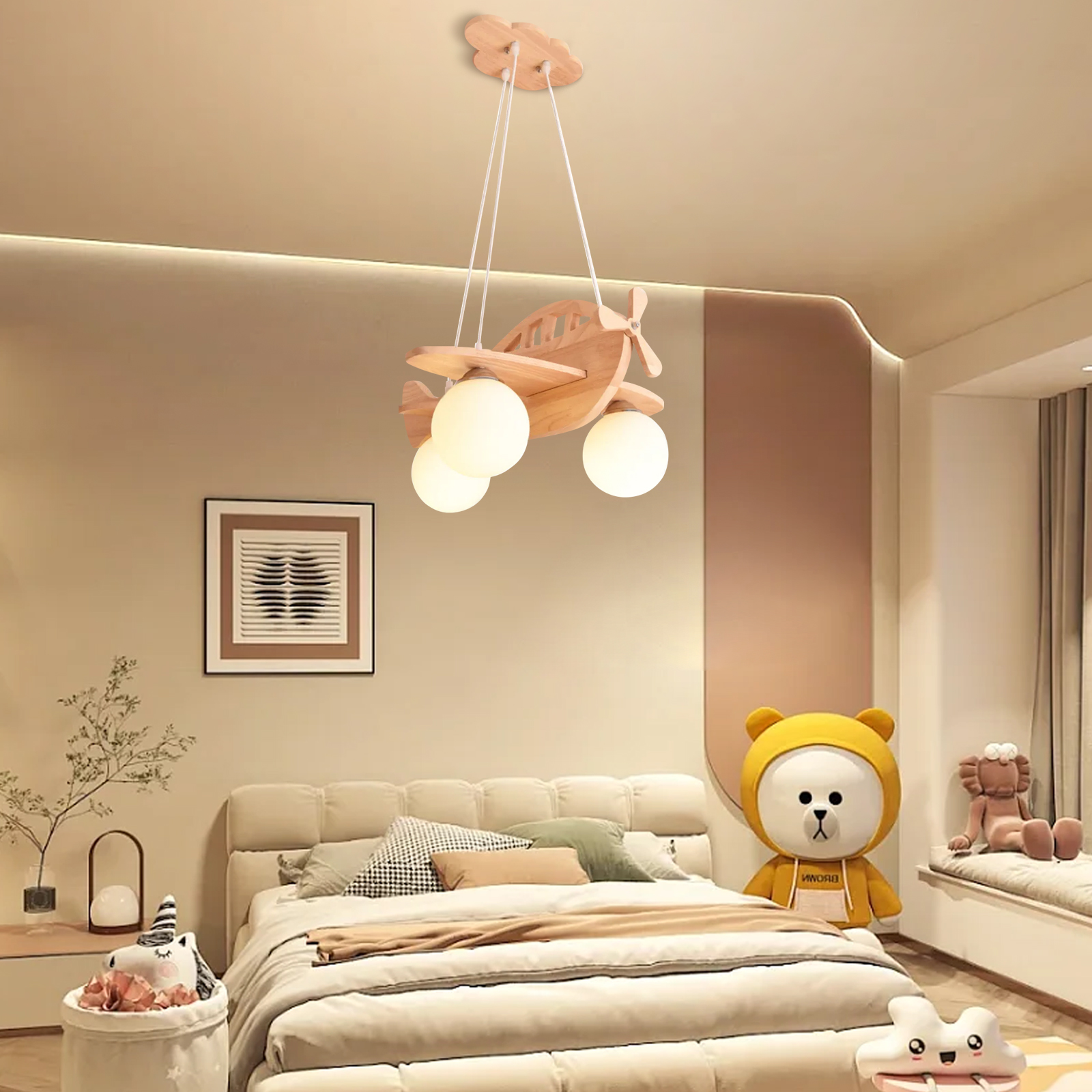Nursery Wooden Pendant Lighting Kids Aircraft Ceiling Lamp Fixture