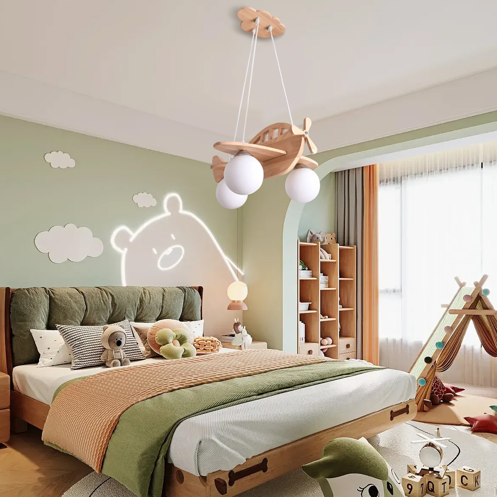 Nursery Wooden Pendant Lighting Kids Aircraft Ceiling Lamp Fixture