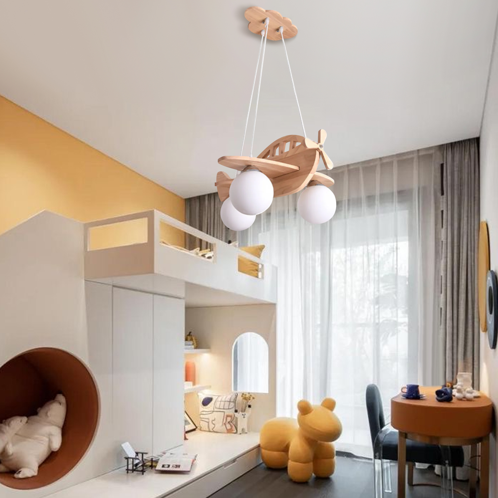 Babodecor Creative Nordic Wooden Aircraft Lamp Children's Room Boys' Bedroom Room Ceiling Light, image size:1600x1600