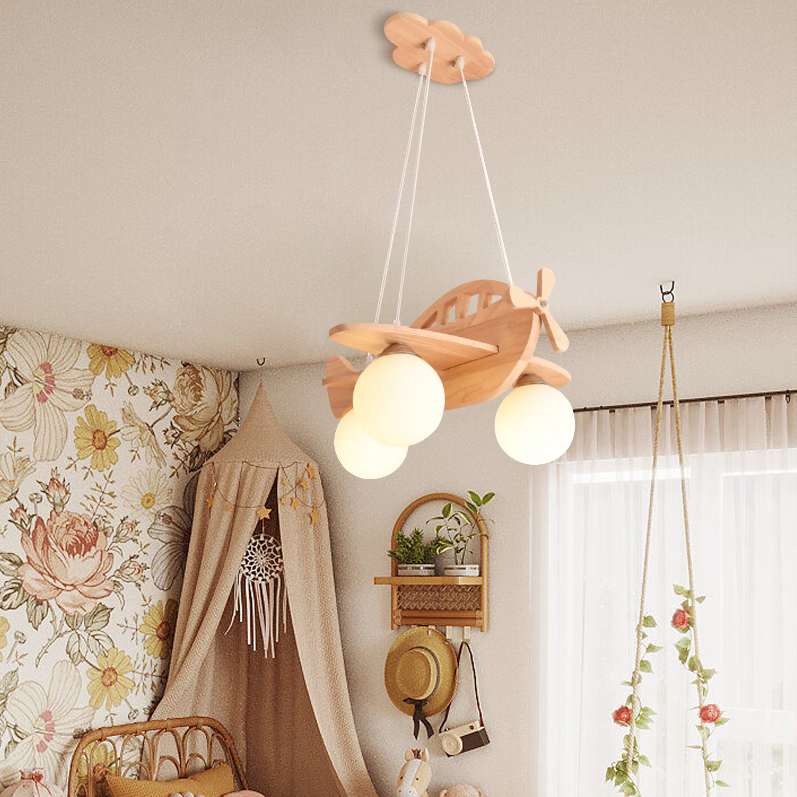 Ceiling Light Fixture Girl Chandelier Lighting Creative Nordic Wooden  Aircraft Lamp Children's Room Boys' Bedroom Room, image size:1600x1600