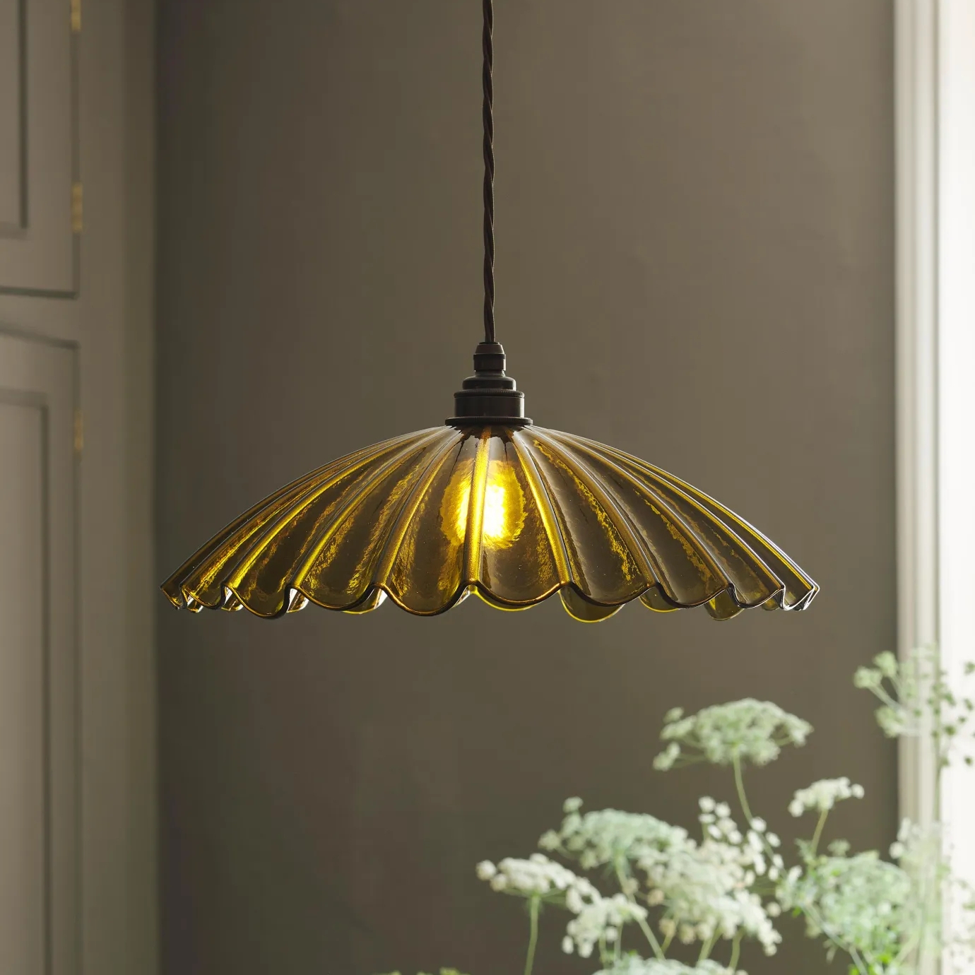 Chartreuse Glass Pendant Light Handmade Vintage Frilly Ceiling Lamp