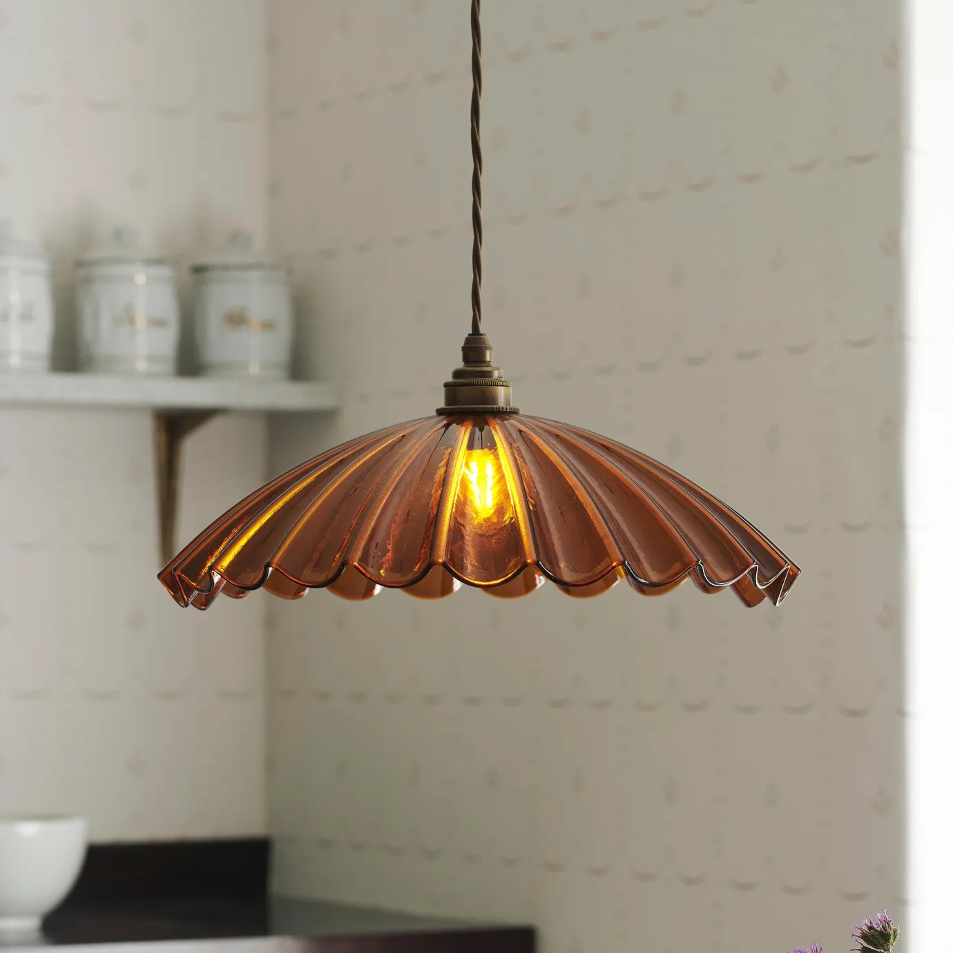 Chartreuse Glass Pendant Light Handmade Vintage Frilly Ceiling Lamp