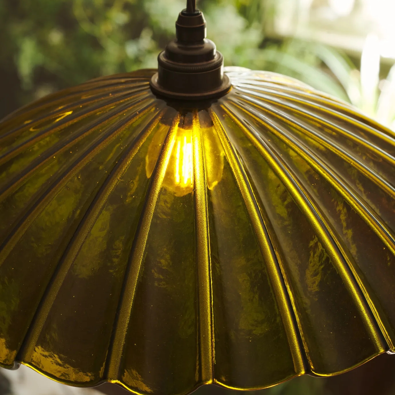 Chartreuse Glass Pendant Light Handmade Vintage Frilly Ceiling Lamp