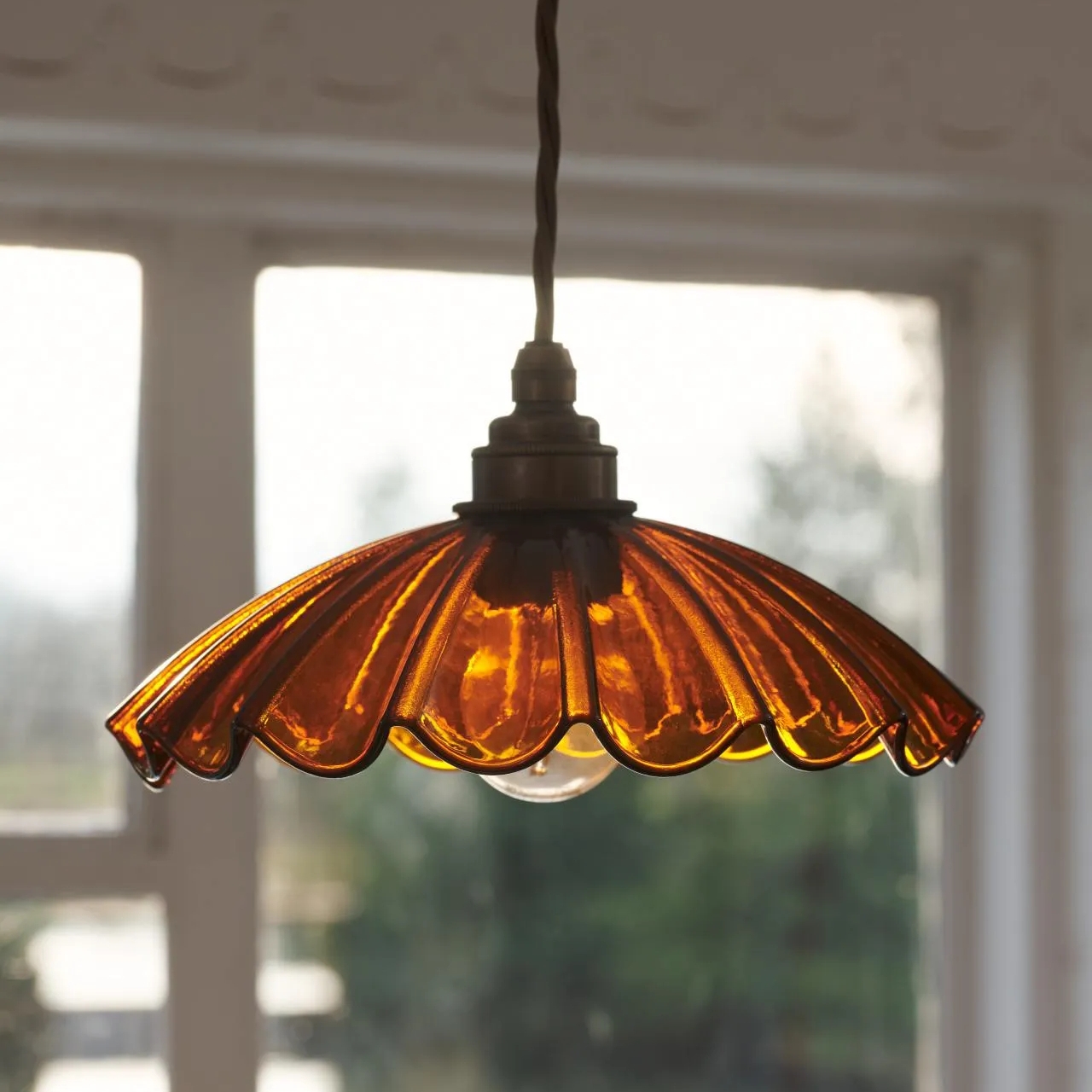 Chartreuse Glass Pendant Light Handmade Vintage Frilly Ceiling Lamp