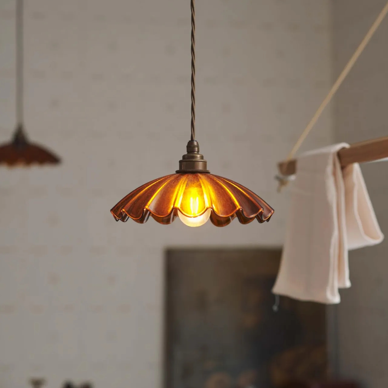 Chartreuse Glass Pendant Light Handmade Vintage Frilly Ceiling Lamp