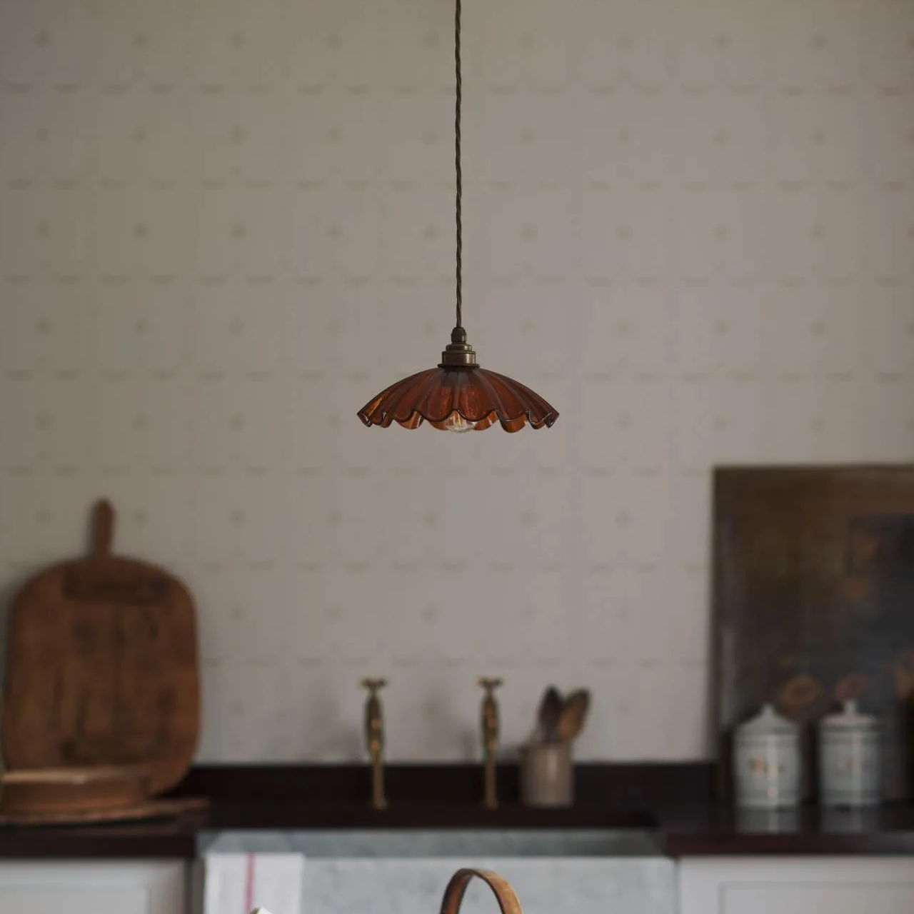 Chartreuse Glass Pendant Light Handmade Vintage Frilly Ceiling Lamp