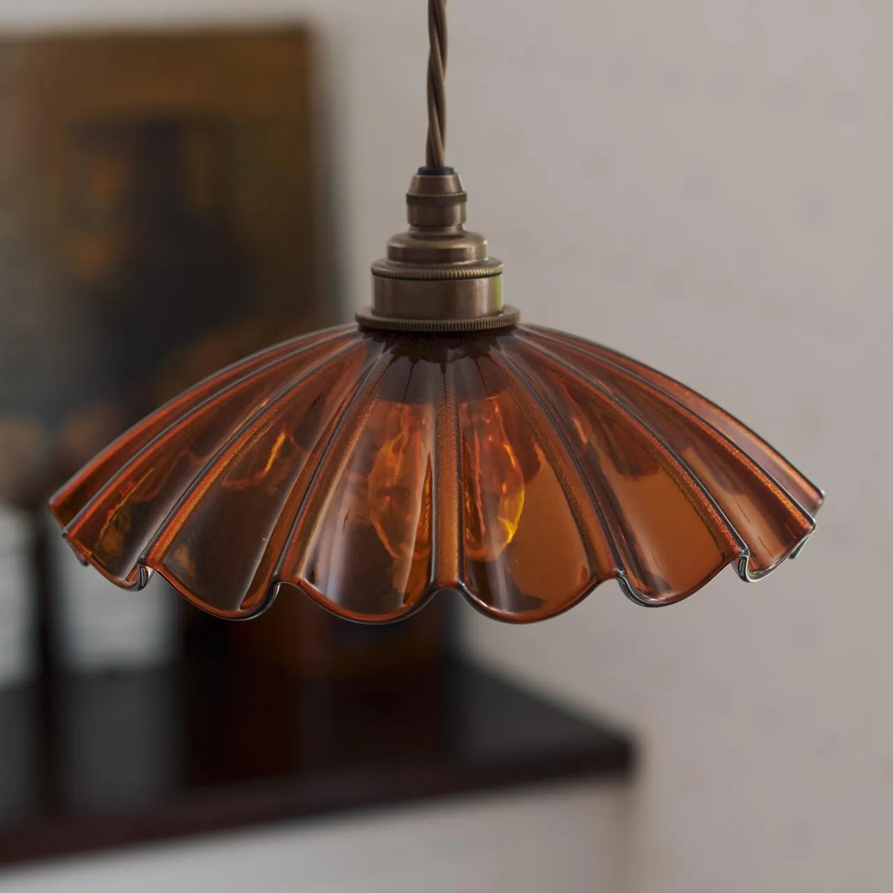 Chartreuse Glass Pendant Light Handmade Vintage Frilly Ceiling Lamp