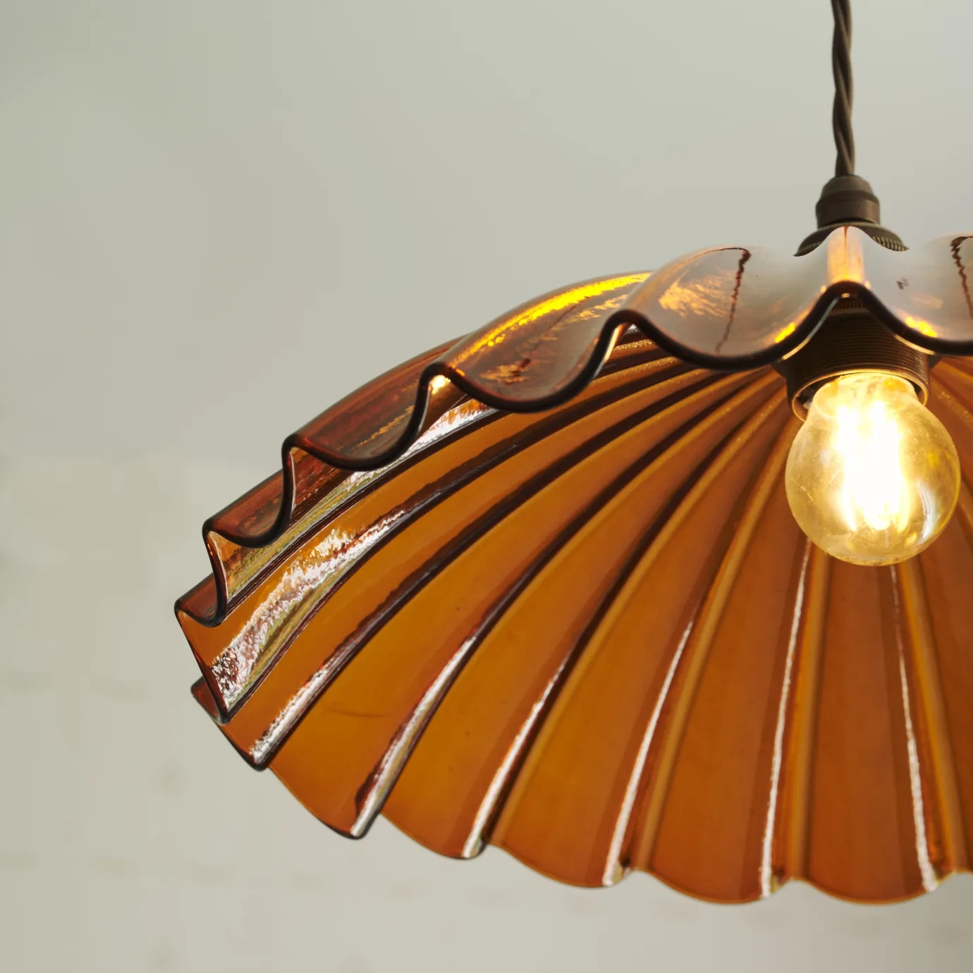 Chartreuse Glass Pendant Light Handmade Vintage Frilly Ceiling Lamp