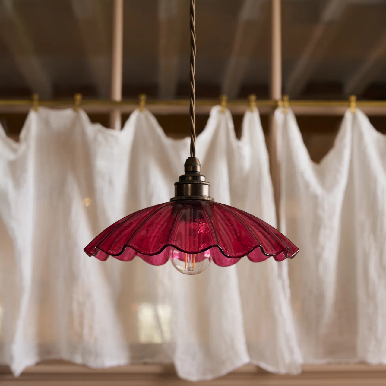 Chartreuse Glass Pendant Light Handmade Vintage Frilly Ceiling Lamp