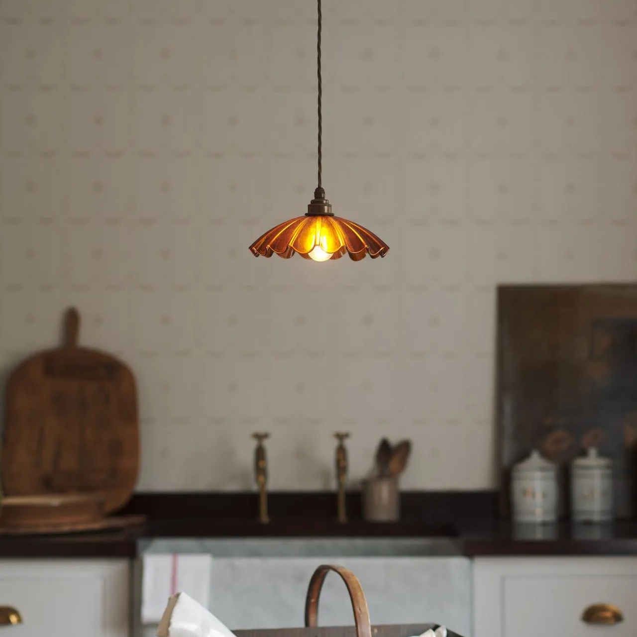 Chartreuse Glass Pendant Light Handmade Vintage Frilly Ceiling Lamp