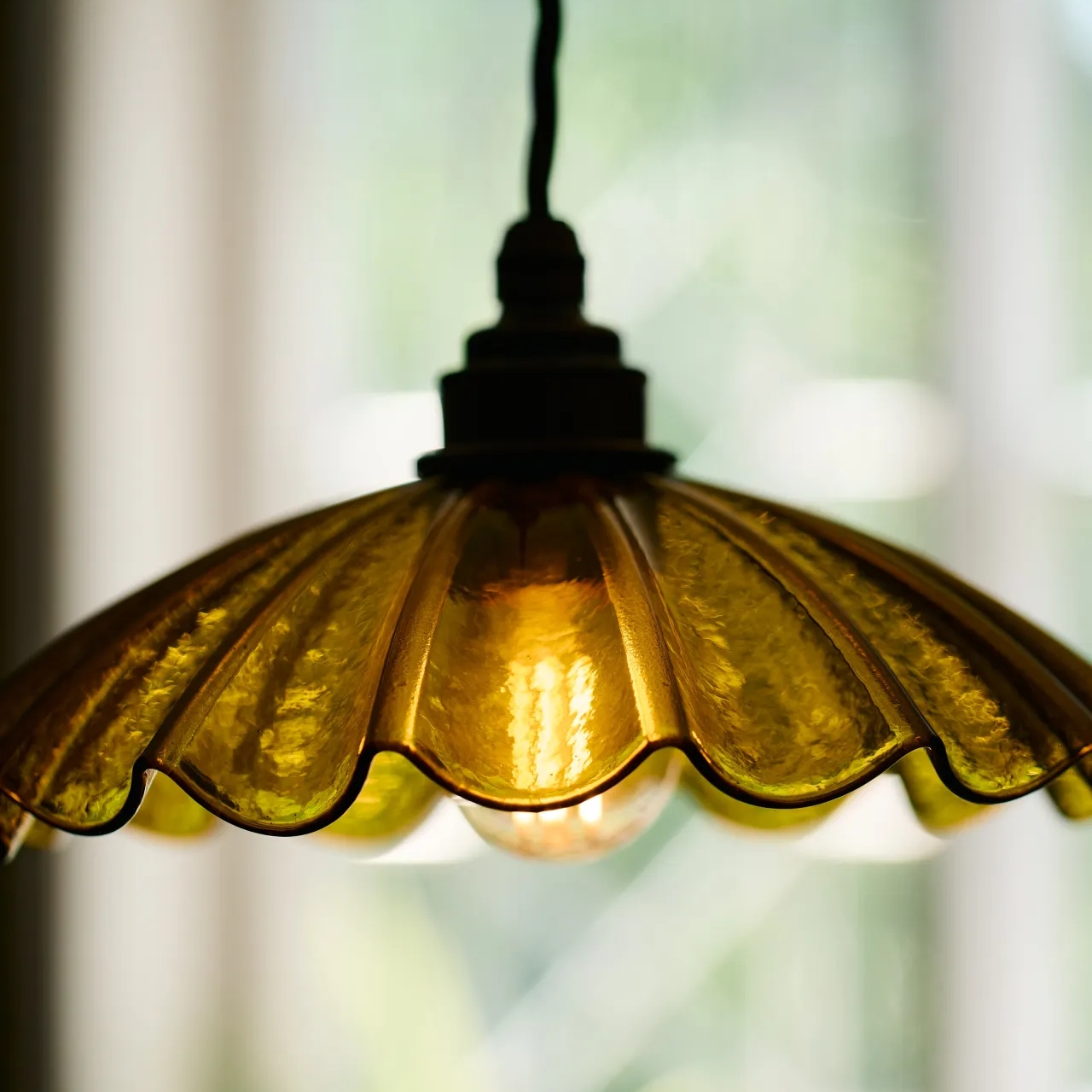 Chartreuse Glass Pendant Light Handmade Vintage Frilly Ceiling Lamp