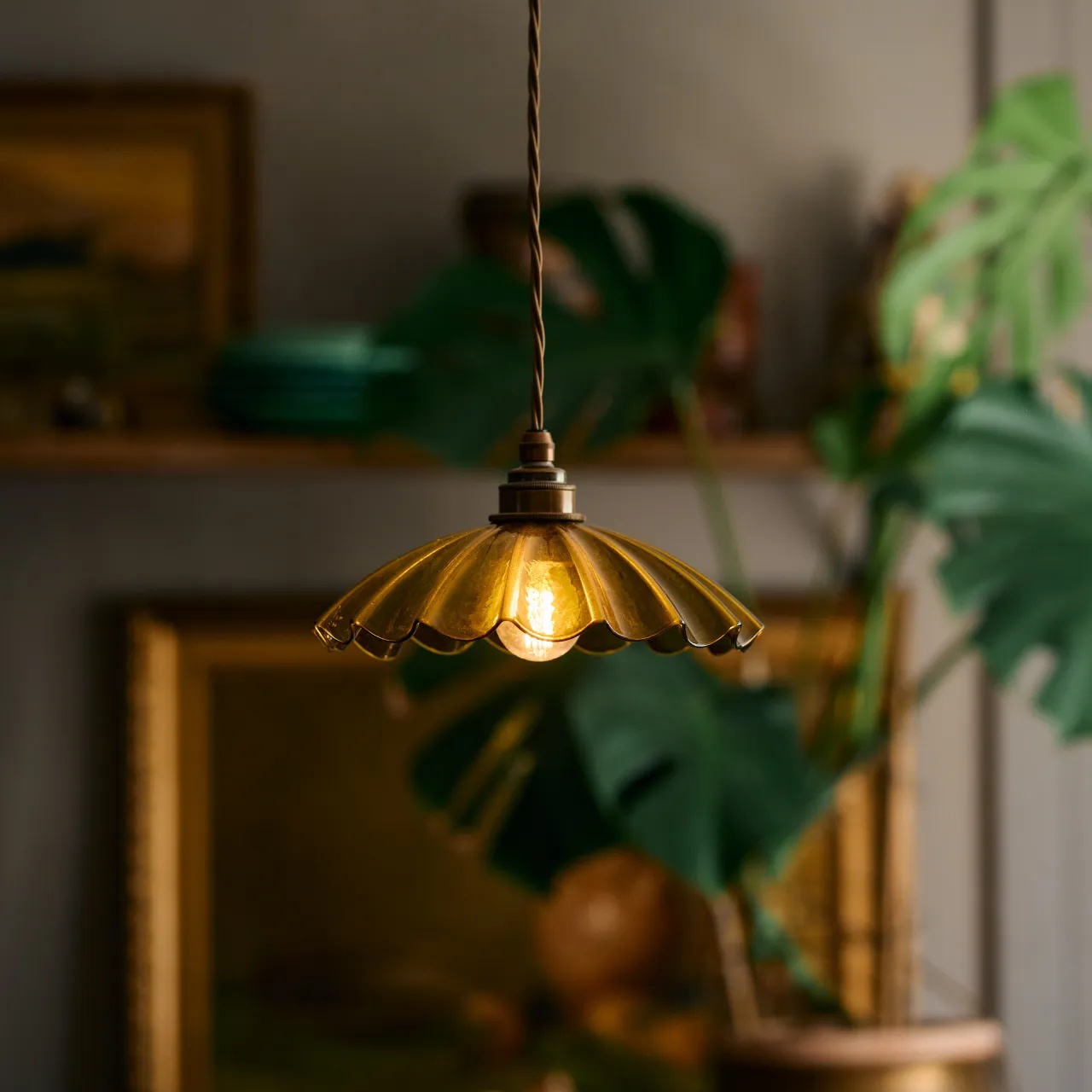Chartreuse Glass Pendant Light Handmade Vintage Frilly Ceiling Lamp