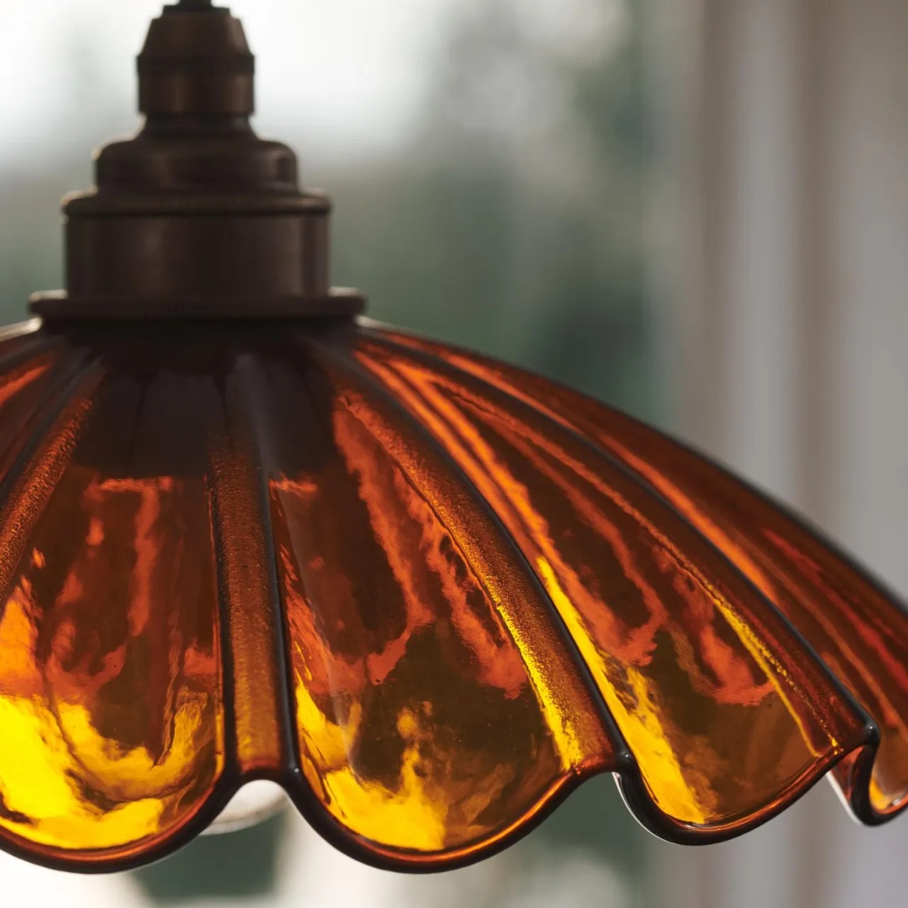 Chartreuse Glass Pendant Light Handmade Vintage Frilly Ceiling Lamp